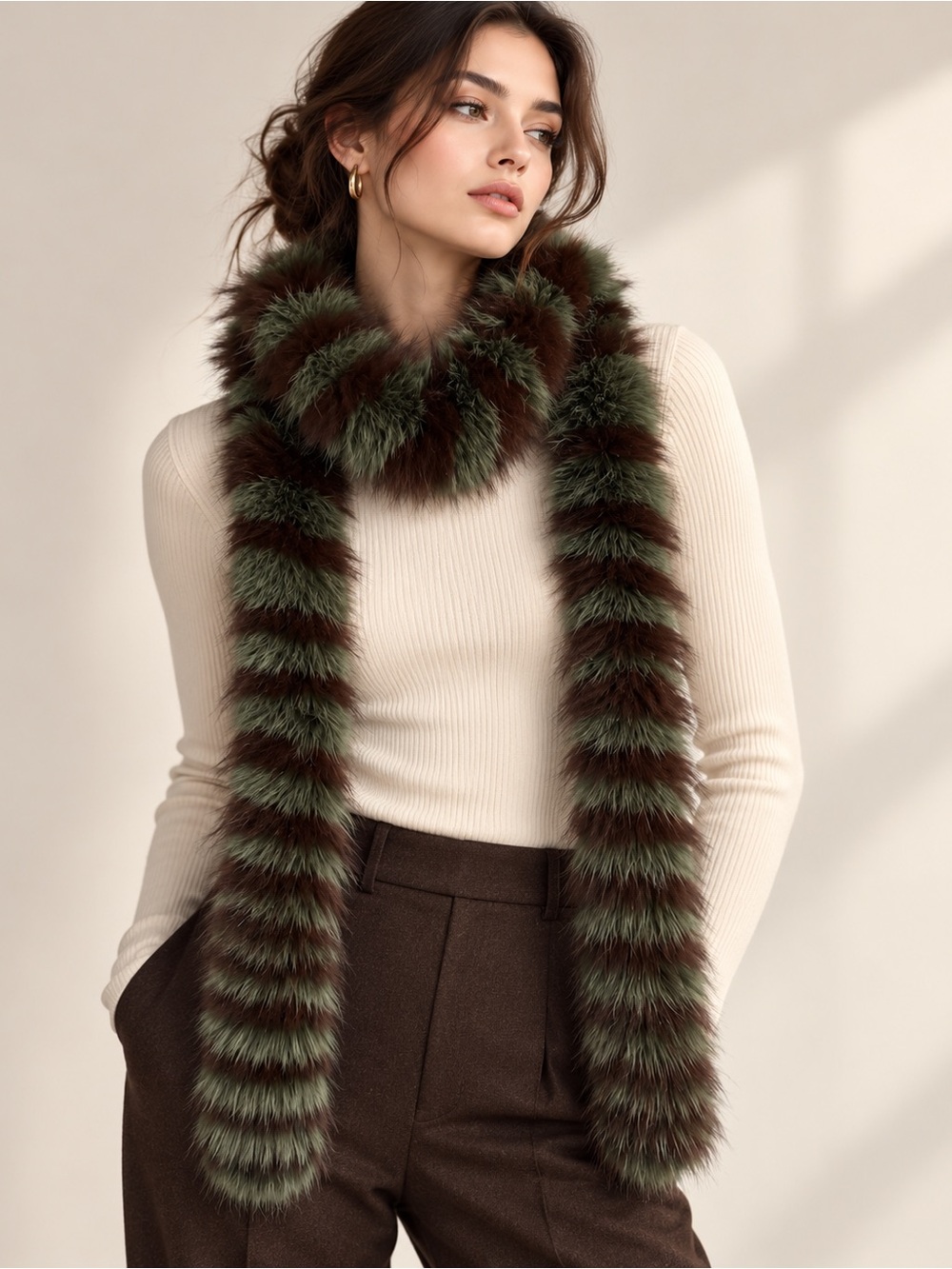 Multi-Tonal Striped Plush Faux Fur Long Boa Scarf / Stole